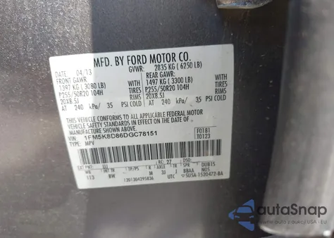 2013 Ford Explorer Xlt from USA, damaged, VIN 1FM5K8D86DGC78151